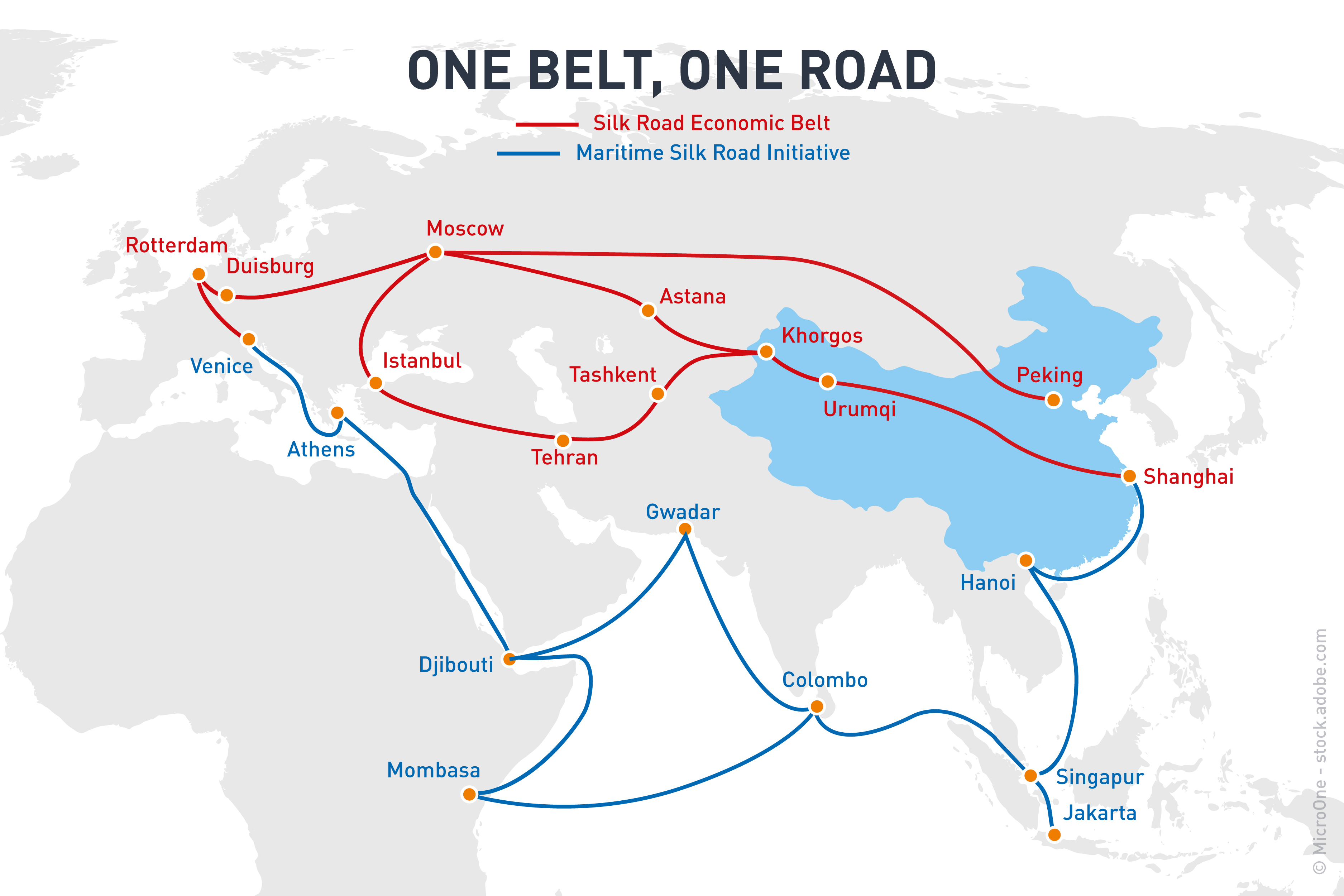 Map of new silk road, China, Asia, Europe, Africa