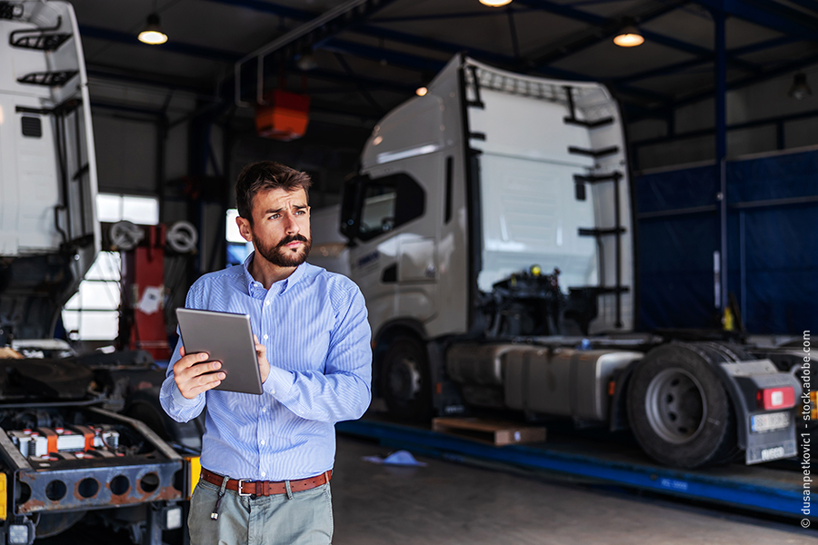 man holding tablet trucks garage