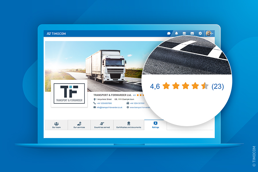 Screenshot of a company profile in TIMOCOM's Smart Logistics System with the new ratings feature
