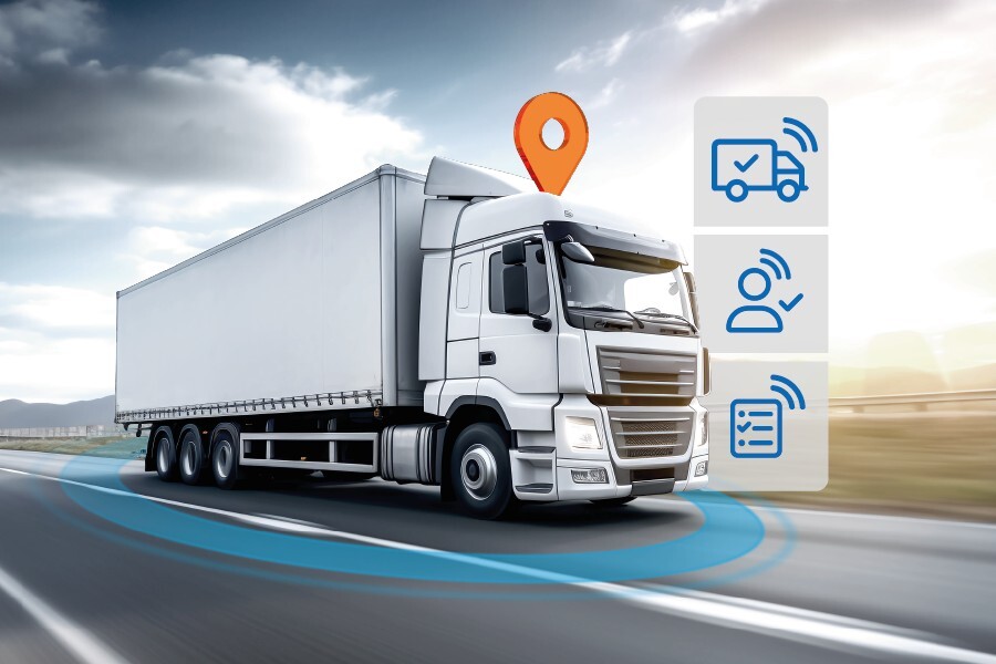 Lorry with marking pin and various telematics symbols
